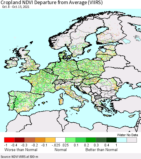 Europe Cropland NDVI Departure from Average (VIIRS) Thematic Map For 10/8/2021 - 10/15/2021