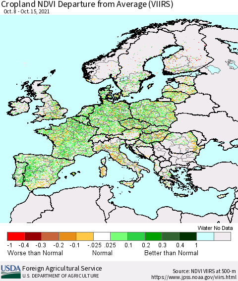 Europe Cropland NDVI Departure from Average (VIIRS) Thematic Map For 10/11/2021 - 10/20/2021