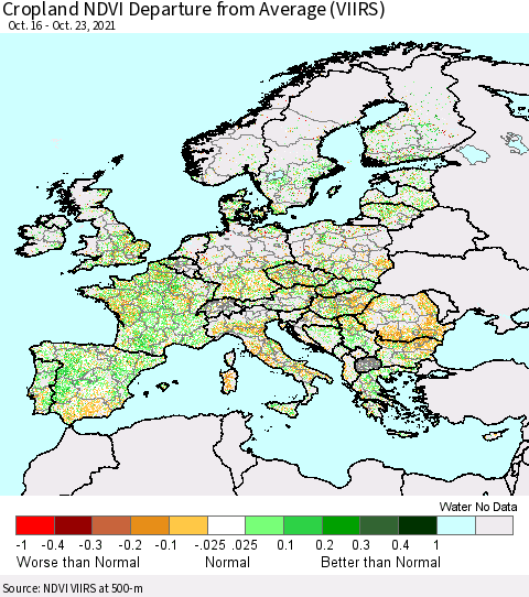 Europe Cropland NDVI Departure from Average (VIIRS) Thematic Map For 10/16/2021 - 10/23/2021
