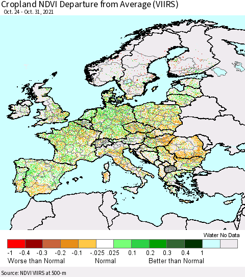 Europe Cropland NDVI Departure from Average (VIIRS) Thematic Map For 10/24/2021 - 10/31/2021