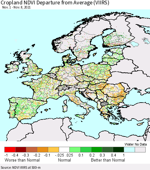 Europe Cropland NDVI Departure from Average (VIIRS) Thematic Map For 11/1/2021 - 11/8/2021