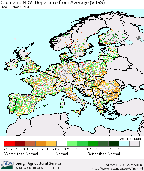 Europe Cropland NDVI Departure from Average (VIIRS) Thematic Map For 11/1/2021 - 11/10/2021
