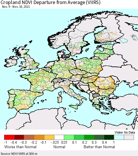 Europe Cropland NDVI Departure from Average (VIIRS) Thematic Map For 11/9/2021 - 11/16/2021