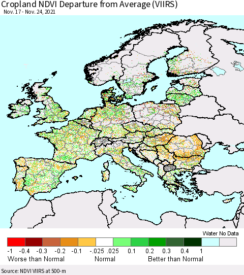 Europe Cropland NDVI Departure from Average (VIIRS) Thematic Map For 11/17/2021 - 11/24/2021