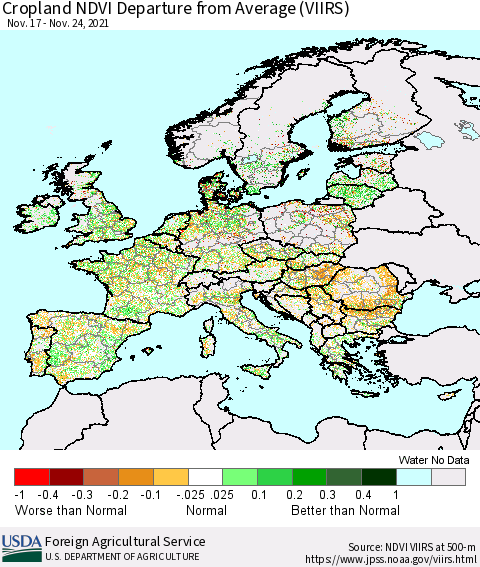 Europe Cropland NDVI Departure from Average (VIIRS) Thematic Map For 11/21/2021 - 11/30/2021