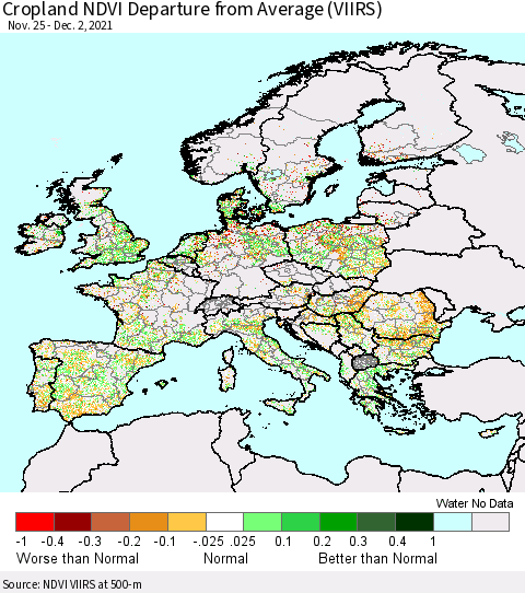 Europe Cropland NDVI Departure from Average (VIIRS) Thematic Map For 11/25/2021 - 12/2/2021