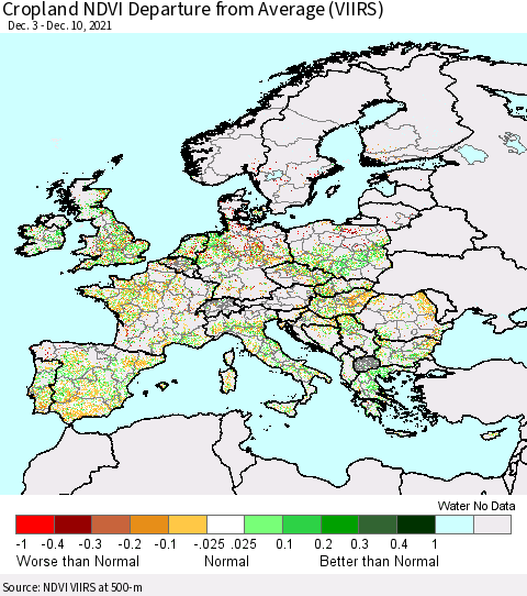 Europe Cropland NDVI Departure from Average (VIIRS) Thematic Map For 12/1/2021 - 12/10/2021