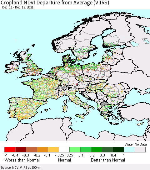 Europe Cropland NDVI Departure from Average (VIIRS) Thematic Map For 12/11/2021 - 12/18/2021