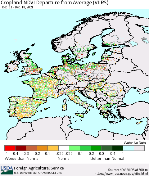 Europe Cropland NDVI Departure from Average (VIIRS) Thematic Map For 12/11/2021 - 12/20/2021