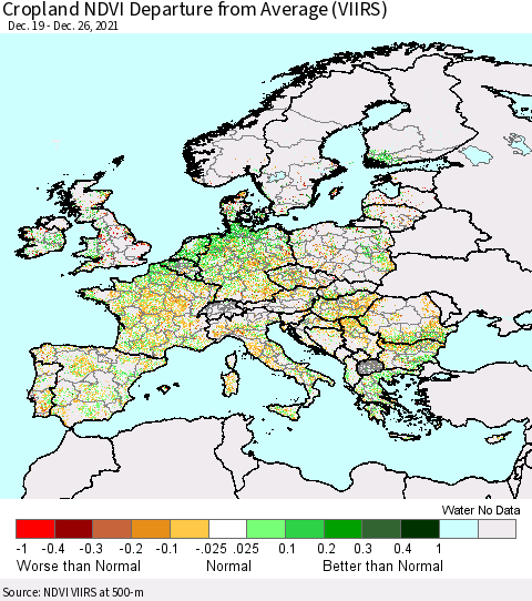Europe Cropland NDVI Departure from Average (VIIRS) Thematic Map For 12/19/2021 - 12/26/2021