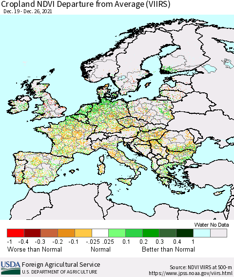 Europe Cropland NDVI Departure from Average (VIIRS) Thematic Map For 12/21/2021 - 12/31/2021
