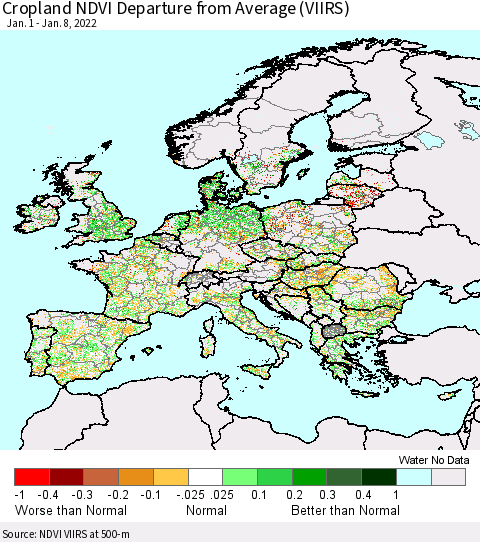 Europe Cropland NDVI Departure from Average (VIIRS) Thematic Map For 1/1/2022 - 1/8/2022
