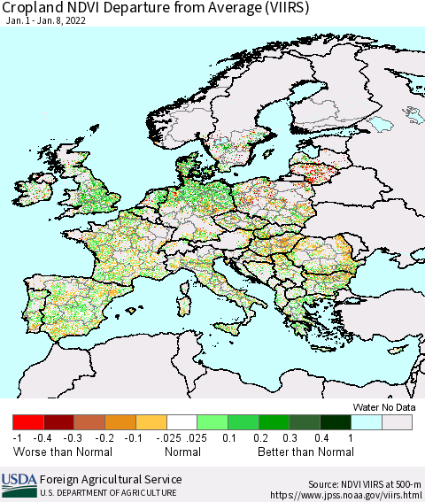 Europe Cropland NDVI Departure from Average (VIIRS) Thematic Map For 1/1/2022 - 1/10/2022