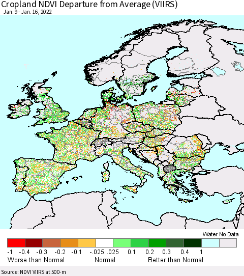 Europe Cropland NDVI Departure from Average (VIIRS) Thematic Map For 1/9/2022 - 1/16/2022