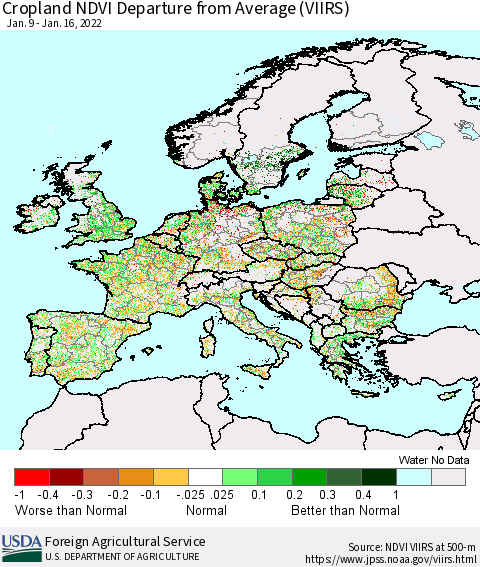 Europe Cropland NDVI Departure from Average (VIIRS) Thematic Map For 1/11/2022 - 1/20/2022