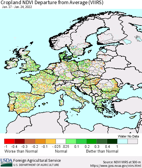 Europe Cropland NDVI Departure from Average (VIIRS) Thematic Map For 1/21/2022 - 1/31/2022