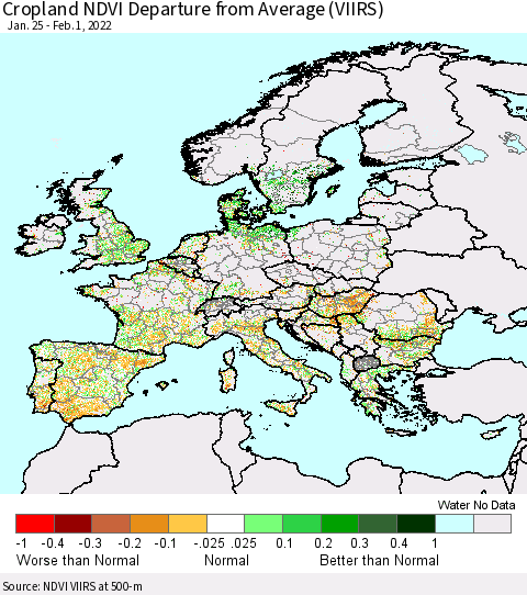 Europe Cropland NDVI Departure from Average (VIIRS) Thematic Map For 1/25/2022 - 2/1/2022