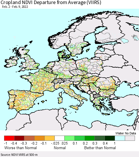 Europe Cropland NDVI Departure from Average (VIIRS) Thematic Map For 2/2/2022 - 2/9/2022