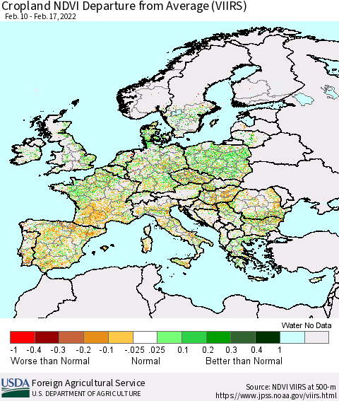 Europe Cropland NDVI Departure from Average (VIIRS) Thematic Map For 2/11/2022 - 2/20/2022