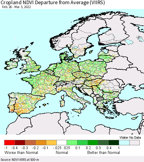 Europe Cropland NDVI Departure from Average (VIIRS) Thematic Map For 2/26/2022 - 3/5/2022