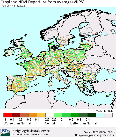 Europe Cropland NDVI Departure from Average (VIIRS) Thematic Map For 3/1/2022 - 3/10/2022