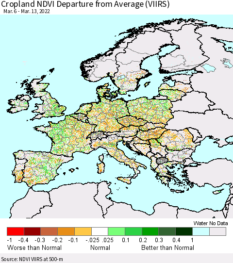 Europe Cropland NDVI Departure from Average (VIIRS) Thematic Map For 3/6/2022 - 3/13/2022