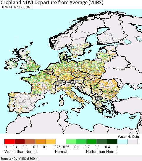 Europe Cropland NDVI Departure from Average (VIIRS) Thematic Map For 3/14/2022 - 3/21/2022