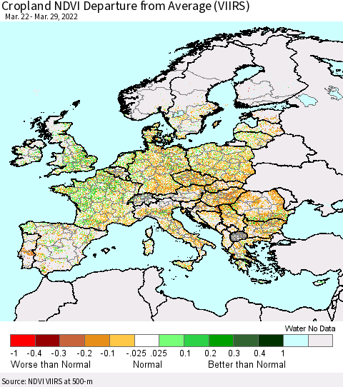 Europe Cropland NDVI Departure from Average (VIIRS) Thematic Map For 3/22/2022 - 3/29/2022
