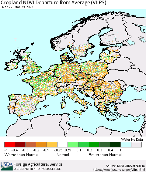 Europe Cropland NDVI Departure from Average (VIIRS) Thematic Map For 3/21/2022 - 3/31/2022