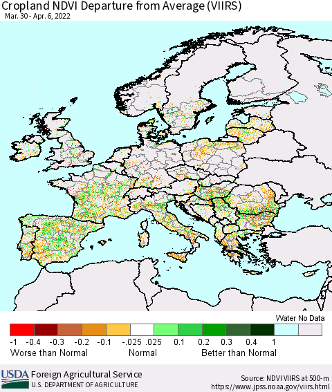 Europe Cropland NDVI Departure from Average (VIIRS) Thematic Map For 4/1/2022 - 4/10/2022