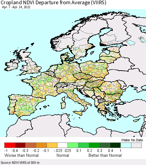 Europe Cropland NDVI Departure from Average (VIIRS) Thematic Map For 4/7/2022 - 4/14/2022