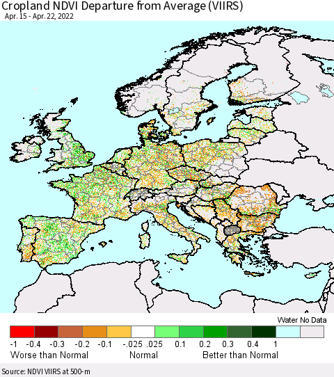 Europe Cropland NDVI Departure from Average (VIIRS) Thematic Map For 4/15/2022 - 4/22/2022