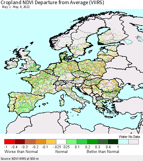 Europe Cropland NDVI Departure from Average (VIIRS) Thematic Map For 5/1/2022 - 5/8/2022