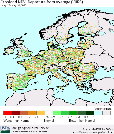 Europe Cropland NDVI Departure from Average (VIIRS) Thematic Map For 5/21/2022 - 5/31/2022