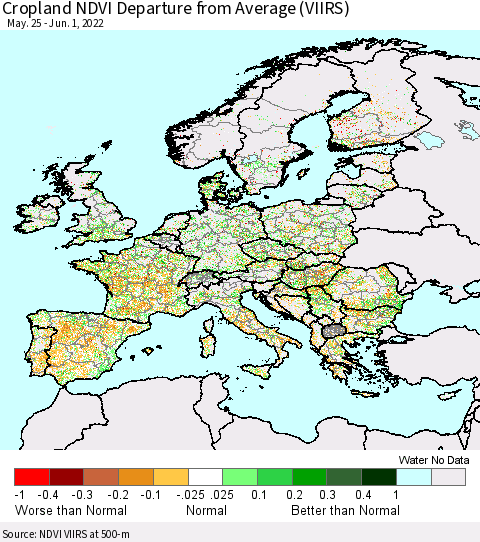 Europe Cropland NDVI Departure from Average (VIIRS) Thematic Map For 5/25/2022 - 6/1/2022