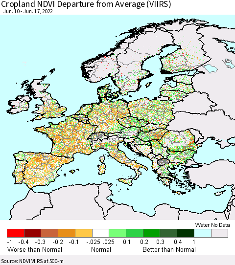 Europe Cropland NDVI Departure from Average (VIIRS) Thematic Map For 6/10/2022 - 6/17/2022