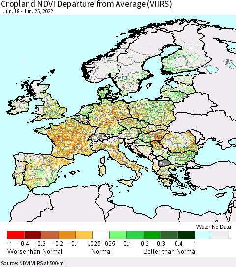 Europe Cropland NDVI Departure from Average (VIIRS) Thematic Map For 6/18/2022 - 6/25/2022