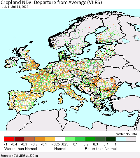 Europe Cropland NDVI Departure from Average (VIIRS) Thematic Map For 7/4/2022 - 7/11/2022