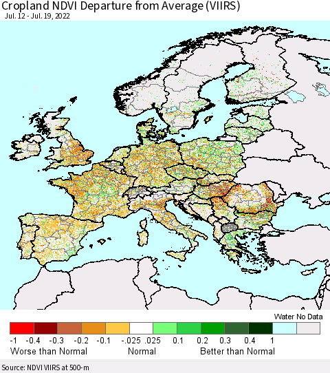 Europe Cropland NDVI Departure from Average (VIIRS) Thematic Map For 7/12/2022 - 7/19/2022