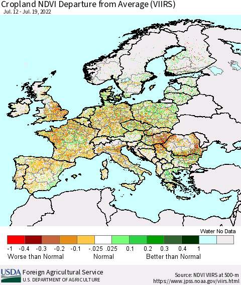 Europe Cropland NDVI Departure from Average (VIIRS) Thematic Map For 7/11/2022 - 7/20/2022