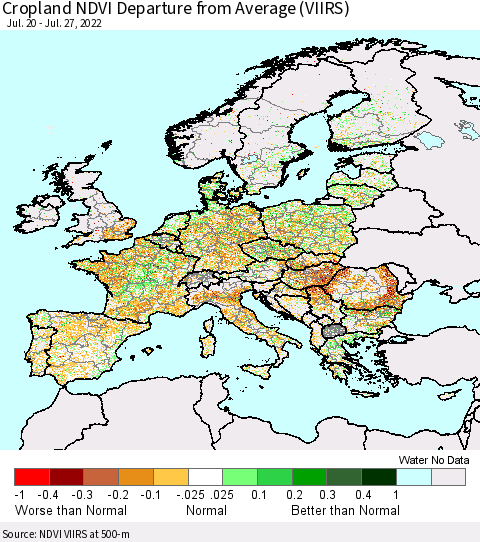 Europe Cropland NDVI Departure from Average (VIIRS) Thematic Map For 7/20/2022 - 7/27/2022