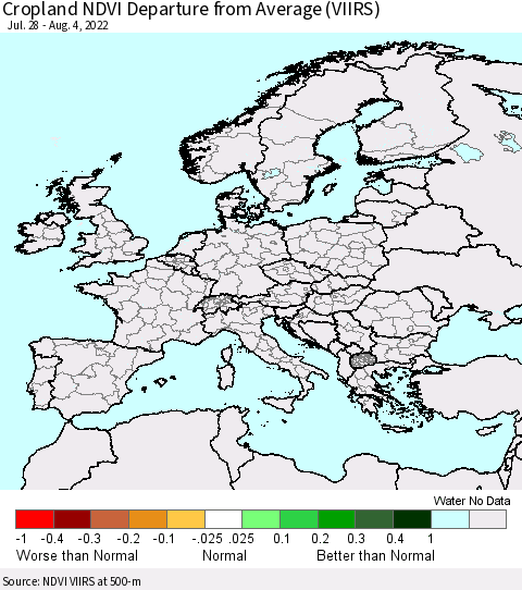 Europe Cropland NDVI Departure from Average (VIIRS) Thematic Map For 7/28/2022 - 8/4/2022