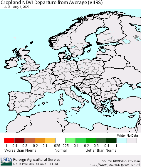 Europe Cropland NDVI Departure from Average (VIIRS) Thematic Map For 8/1/2022 - 8/10/2022
