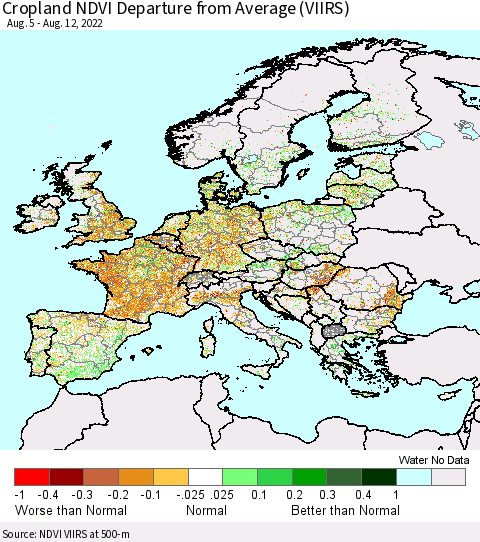 Europe Cropland NDVI Departure from Average (VIIRS) Thematic Map For 8/5/2022 - 8/12/2022