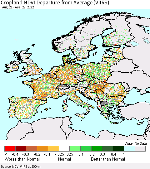 Europe Cropland NDVI Departure from Average (VIIRS) Thematic Map For 8/21/2022 - 8/28/2022