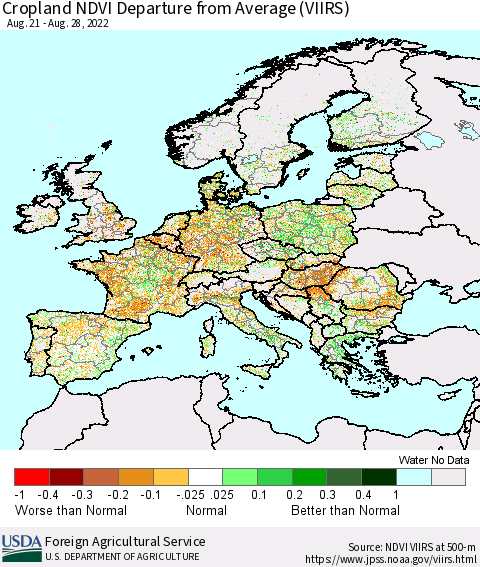 Europe Cropland NDVI Departure from Average (VIIRS) Thematic Map For 8/21/2022 - 8/31/2022