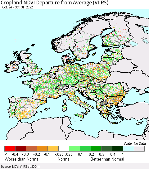 Europe Cropland NDVI Departure from Average (VIIRS) Thematic Map For 10/24/2022 - 10/31/2022