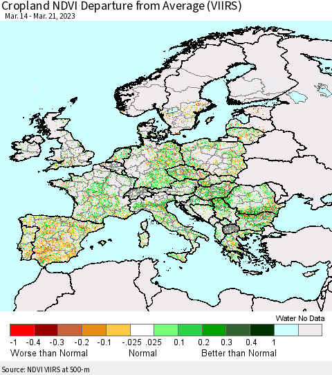 Europe Cropland NDVI Departure from Average (VIIRS) Thematic Map For 3/14/2023 - 3/21/2023