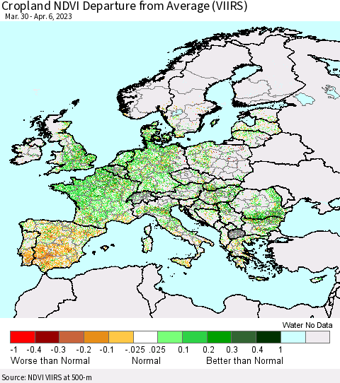 Europe Cropland NDVI Departure from Average (VIIRS) Thematic Map For 3/30/2023 - 4/6/2023