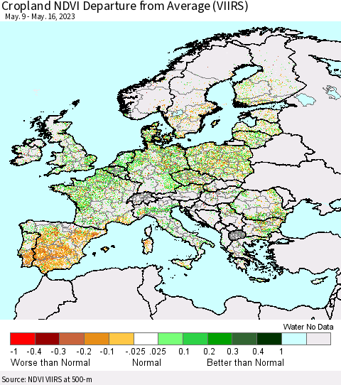 Europe Cropland NDVI Departure from Average (VIIRS) Thematic Map For 5/9/2023 - 5/16/2023